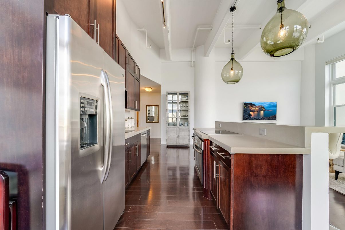 Interior, Kitchen, Pendant Lights, Stainless Steel Appliances, Wood Texture Flooring