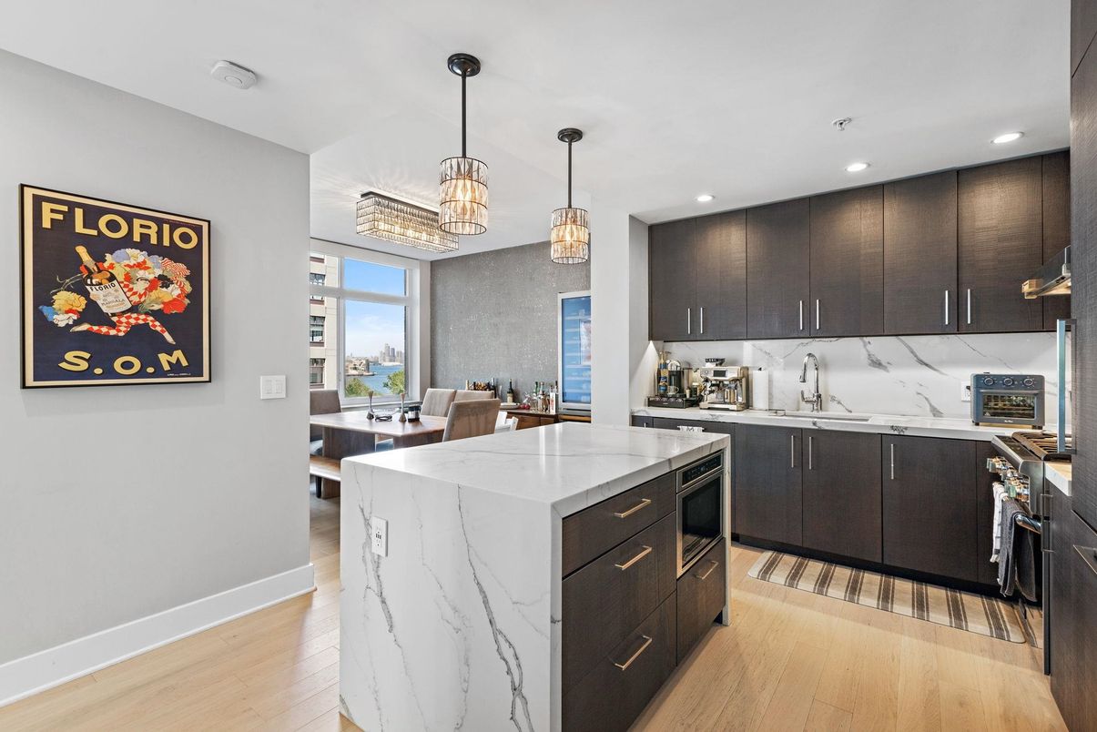 Dining room, Interior, Kitchen, Marble Walls, Pendant Lights, Recessed Lighting, Wood Texture Flooring