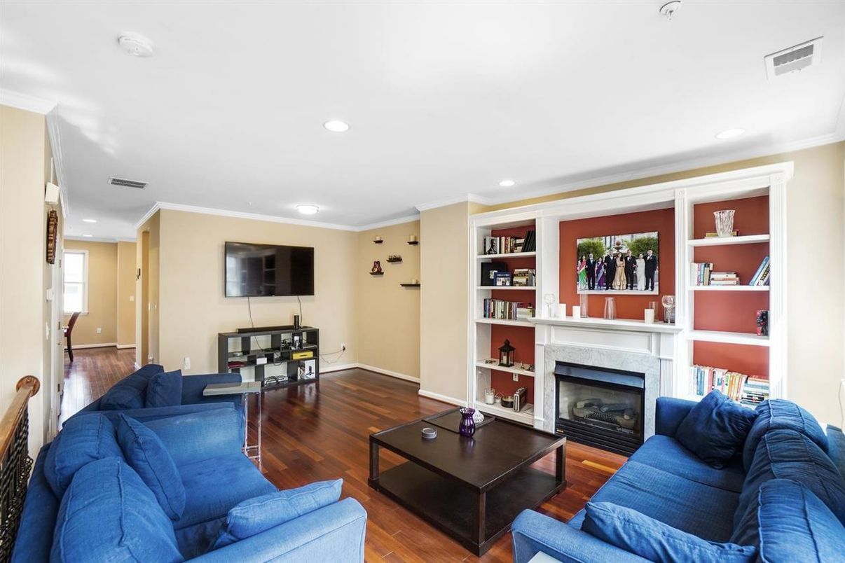 Fireplace, Interior, Living room, Recessed Lighting, Wood Texture Flooring