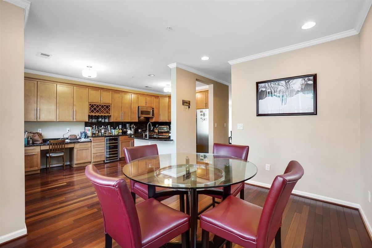 Dining room, Interior, Kitchen, Recessed Lighting, Wood Texture Flooring
