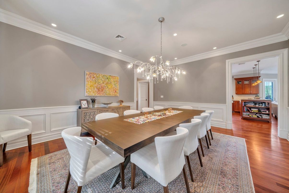 Dining room, Interior, Pendant Lights, Recessed Lighting, Wood Texture Flooring