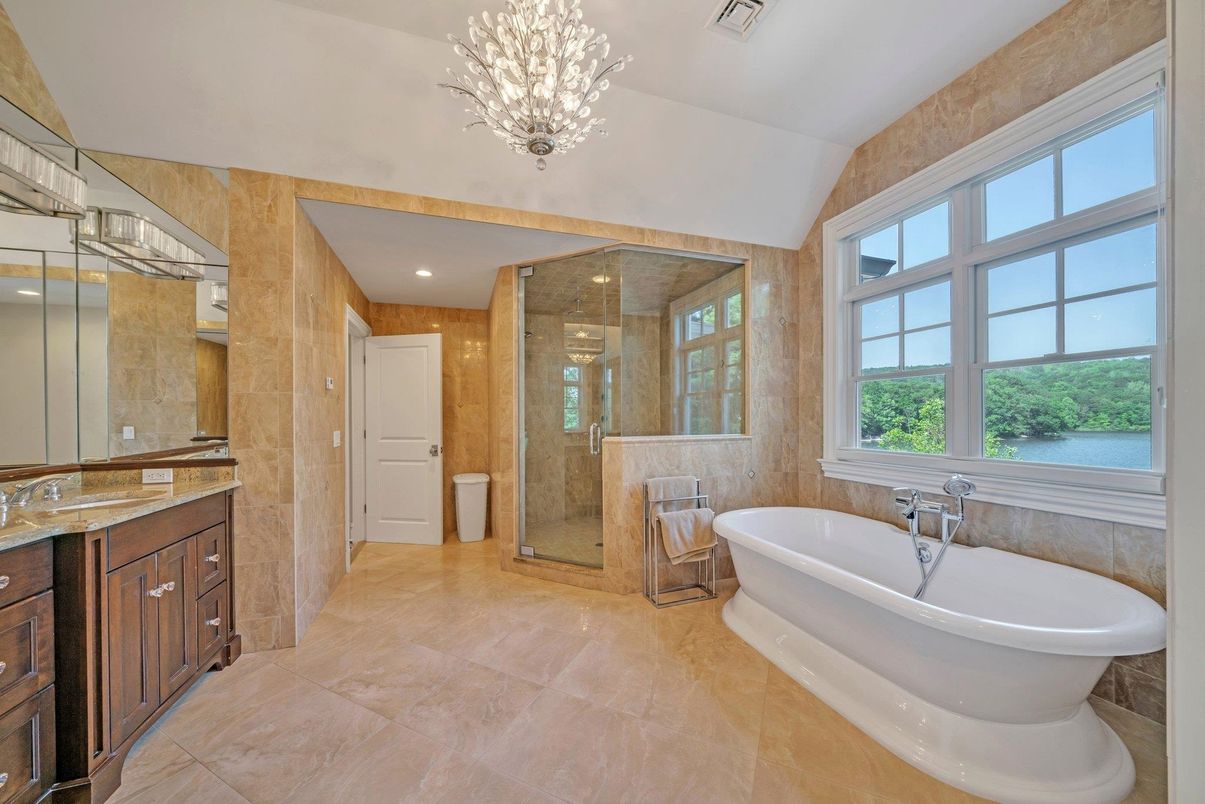 Bathroom, Free Standing Baths, Glass Shower, Interior, Recessed Lighting