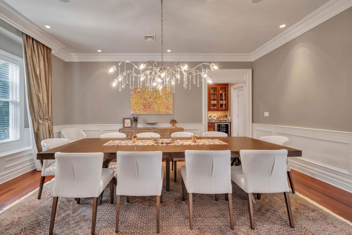 Dining room, Interior, Pendant Lights, Recessed Lighting, Wood Texture Flooring