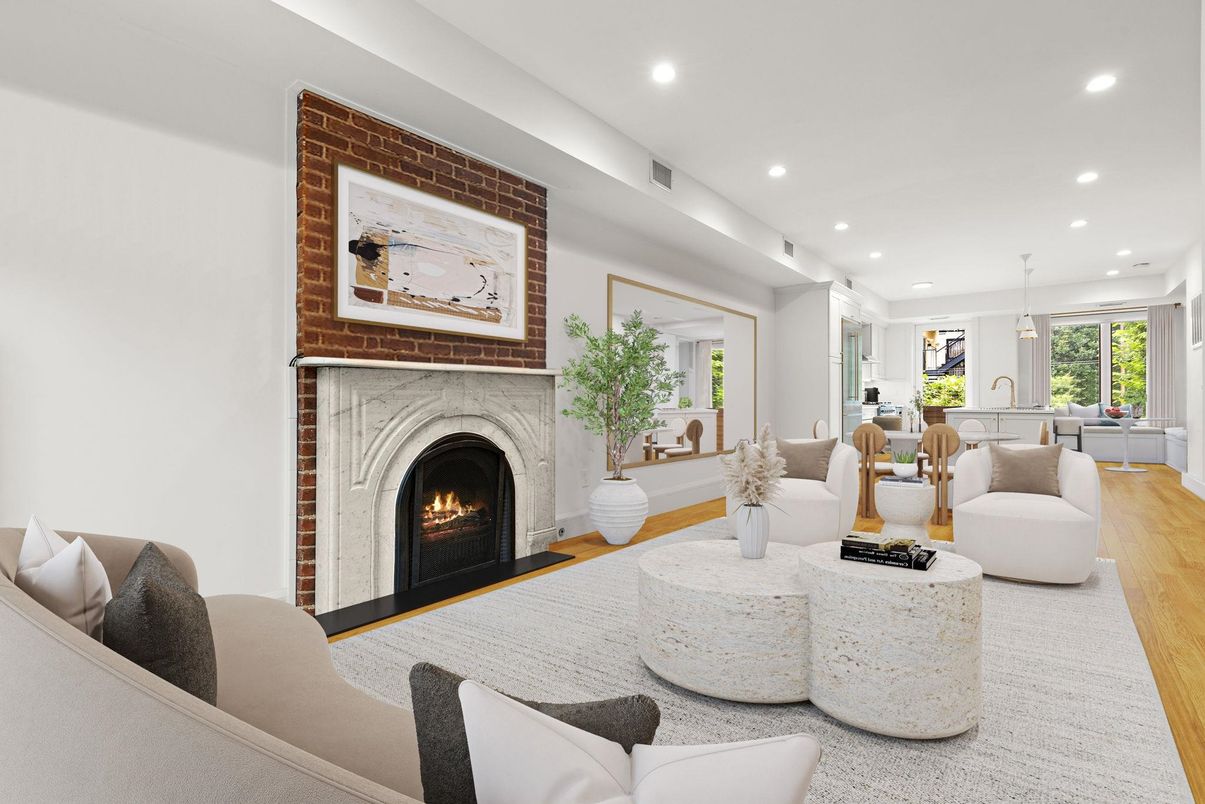 Dining room, Fireplace, Interior, Living room, Pendant Lights, Recessed Lighting, Wood Texture Flooring