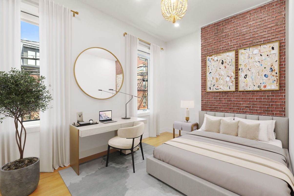 Bedroom, Home Office, Interior, Pendant Lights, Recessed Lighting, Stone Walls, Wood Texture Flooring