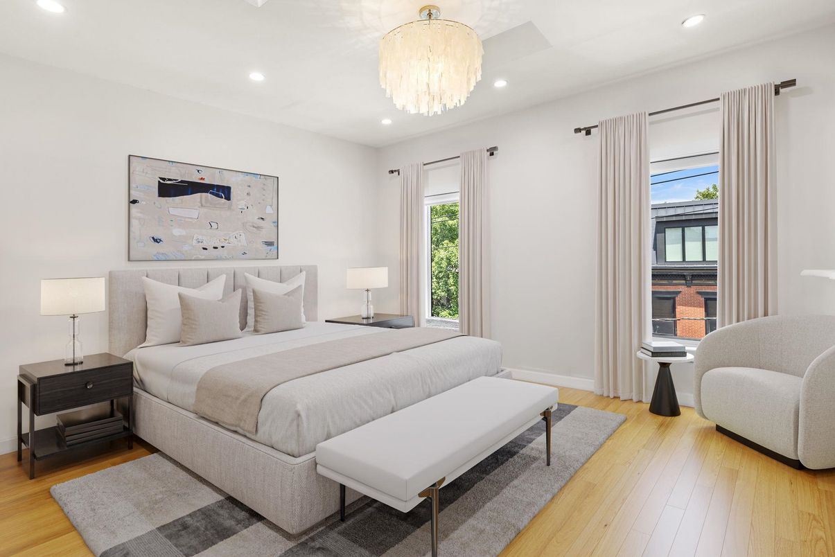 Bedroom, Chandelier, Interior, Recessed Lighting, Wood Texture Flooring