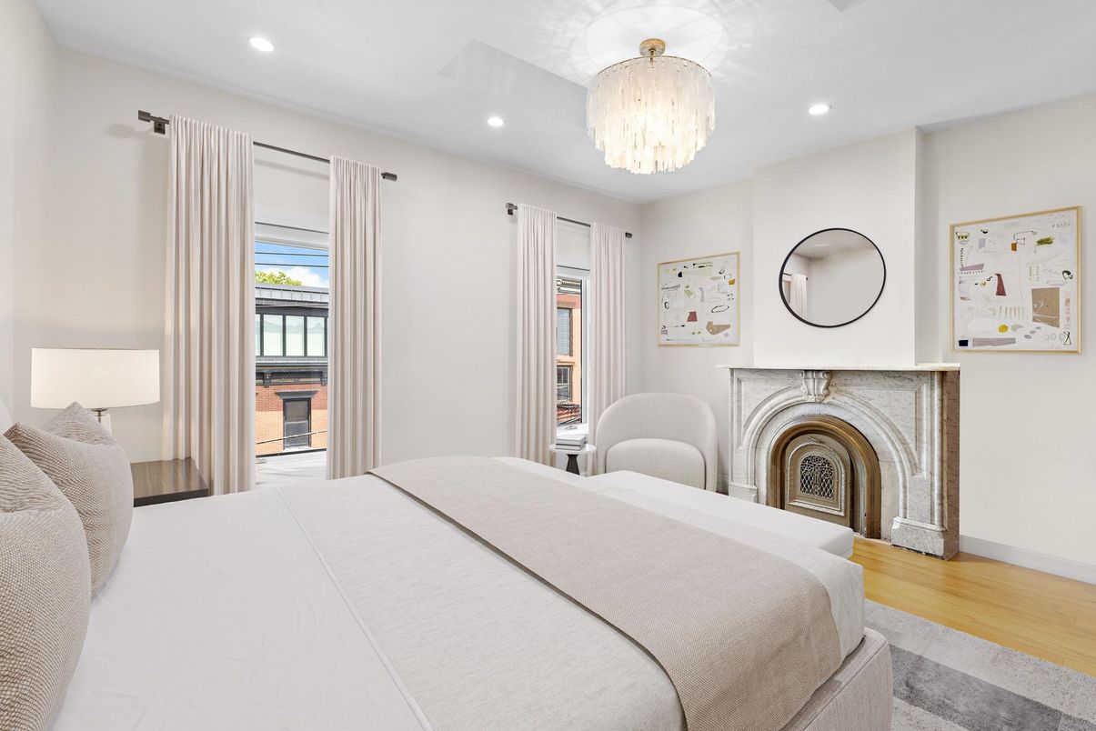 Bedroom, Chandelier, Fireplace, Interior, Recessed Lighting, Wood Texture Flooring