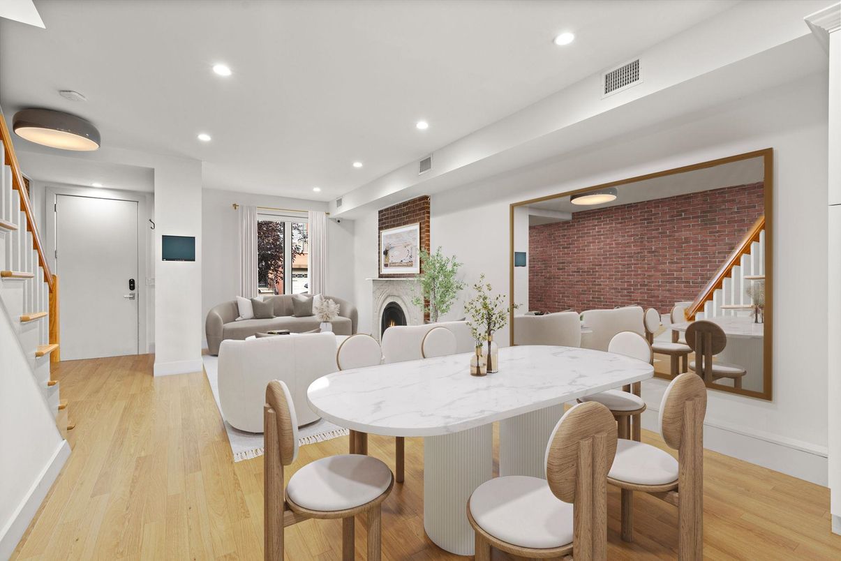 Dining room, Fireplace, Interior, Living room, Recessed Lighting, Stone Walls, Wood Texture Flooring