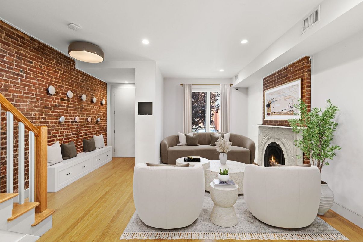 Fireplace, Interior, Living room, Recessed Lighting, Stone Walls, Wood Texture Flooring