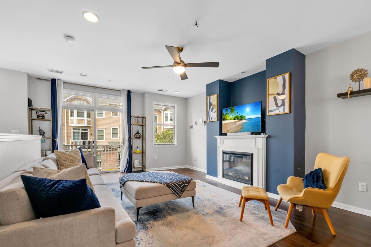 Fireplace, Interior, Living room, Recessed Lighting, Wood Texture Flooring
