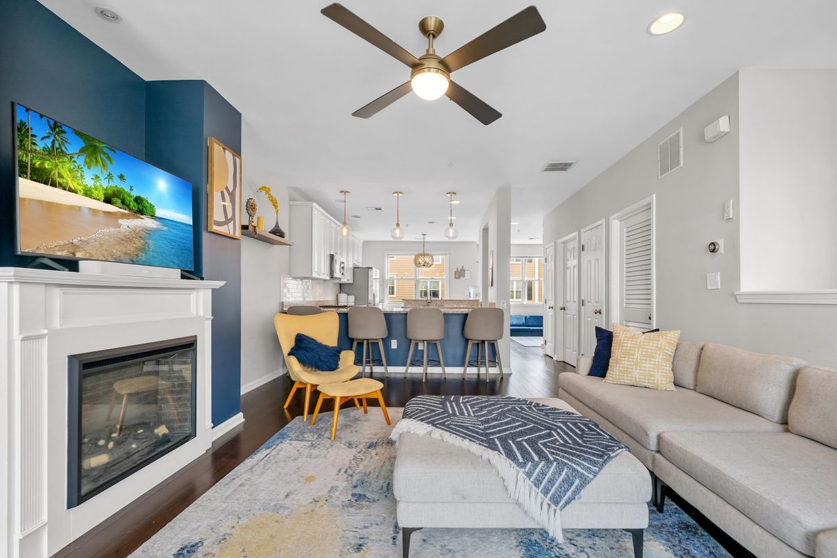 Fireplace, Interior, Kitchen, Living room, Pendant Lights, Recessed Lighting, Wood Texture Flooring