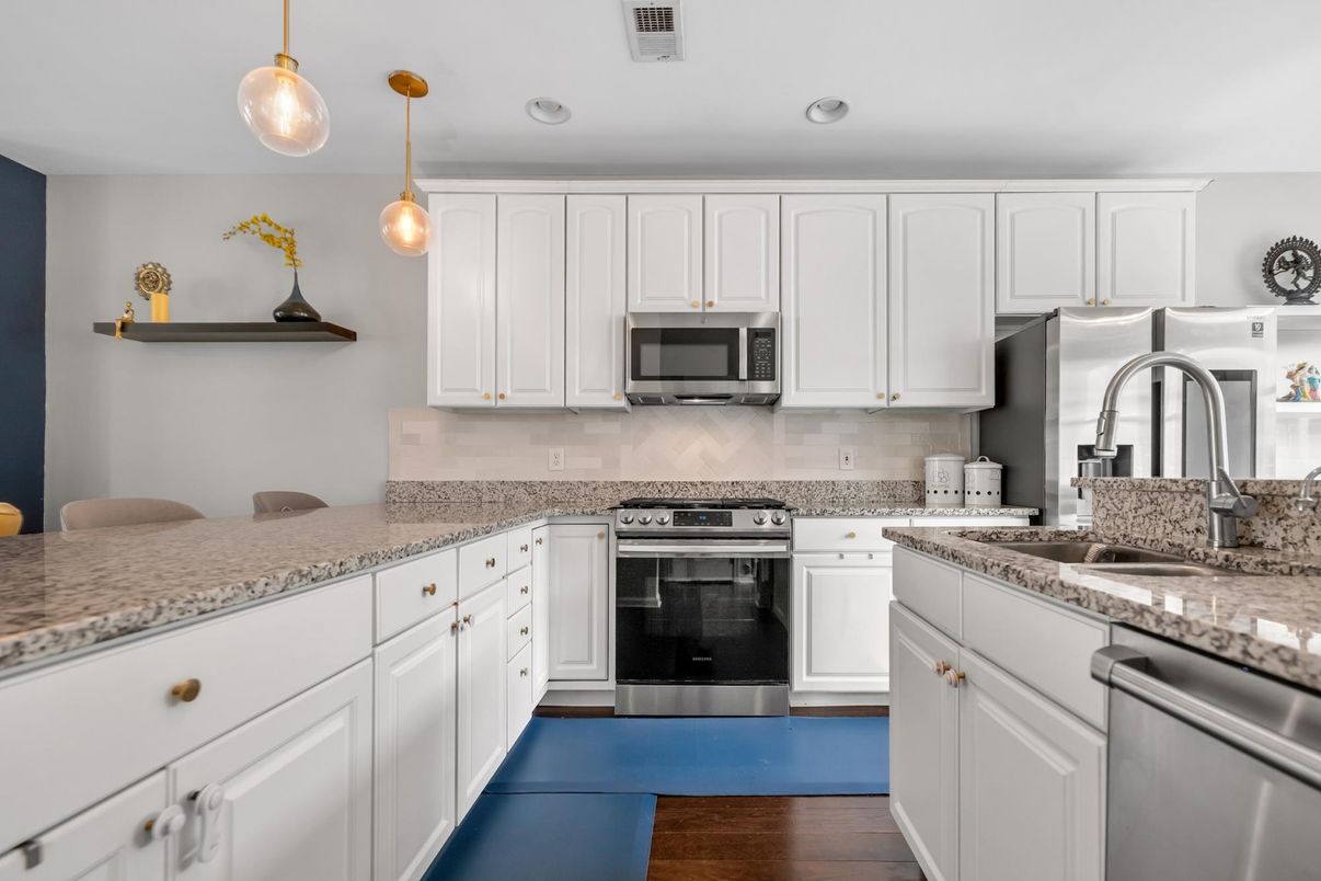 Interior, Kitchen, Pendant Lights, Recessed Lighting, Stainless Steel Appliances, Wood Texture Flooring