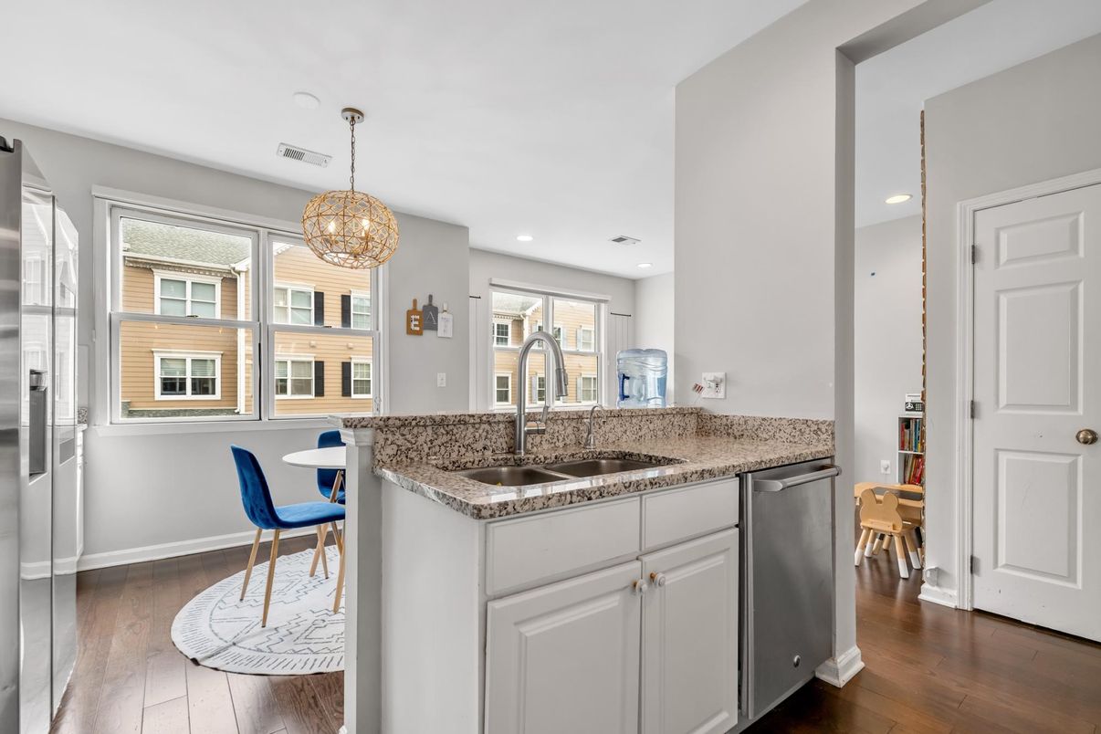 Chandelier, Interior, Kitchen, Pendant Lights, Recessed Lighting, Wood Texture Flooring