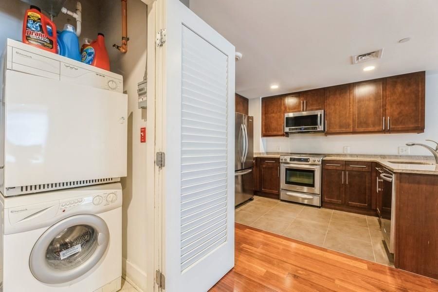 Interior, Kitchen, Recessed Lighting, Stainless Steel Appliances, Utility Closets, Washer, Wood Texture Flooring