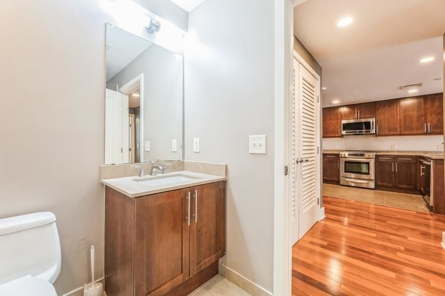Bathroom, Interior, Kitchen, Recessed Lighting, Stainless Steel Appliances, Wood Texture Flooring