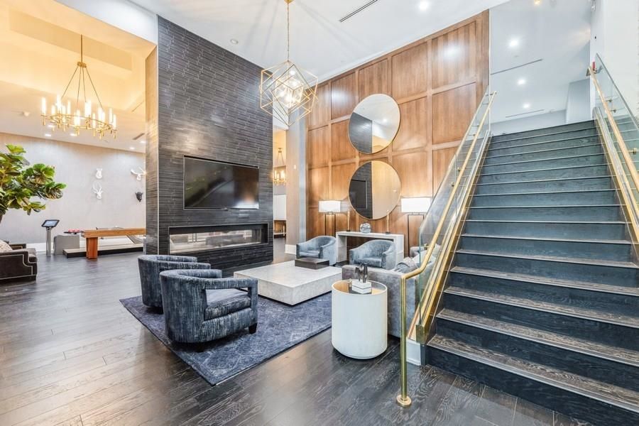 Fireplace, Interior, Living room, Pendant Lights, Recessed Lighting, Wood Texture Flooring, Wooden Walls