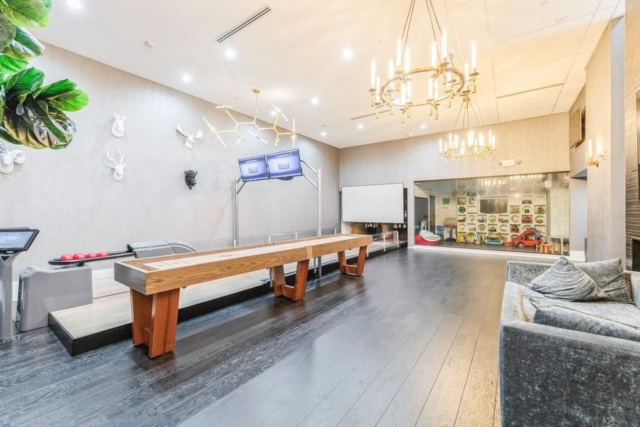 Billiard Table, Chandelier, Game Room, Interior, Pendant Lights, Recessed Lighting, Wood Texture Flooring