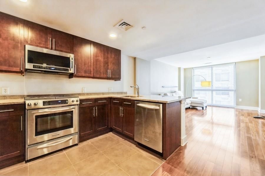 Interior, Kitchen, Recessed Lighting, Stainless Steel Appliances, Wood Texture Flooring