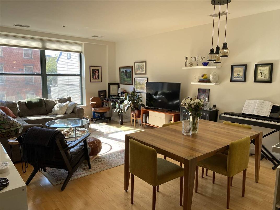 Dining room, Interior, Living room, Pendant Lights, Wood Texture Flooring