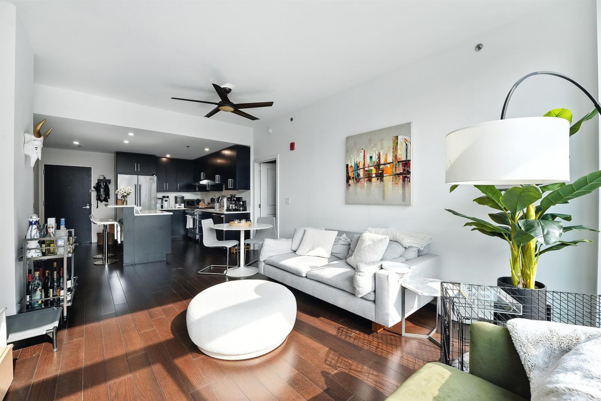 Dining room, Interior, Kitchen, Living room, Recessed Lighting, Stainless Steel Appliances, Wood Texture Flooring