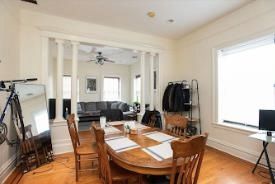 Dining room, Interior, Living room, Recessed Lighting, Wood Texture Flooring