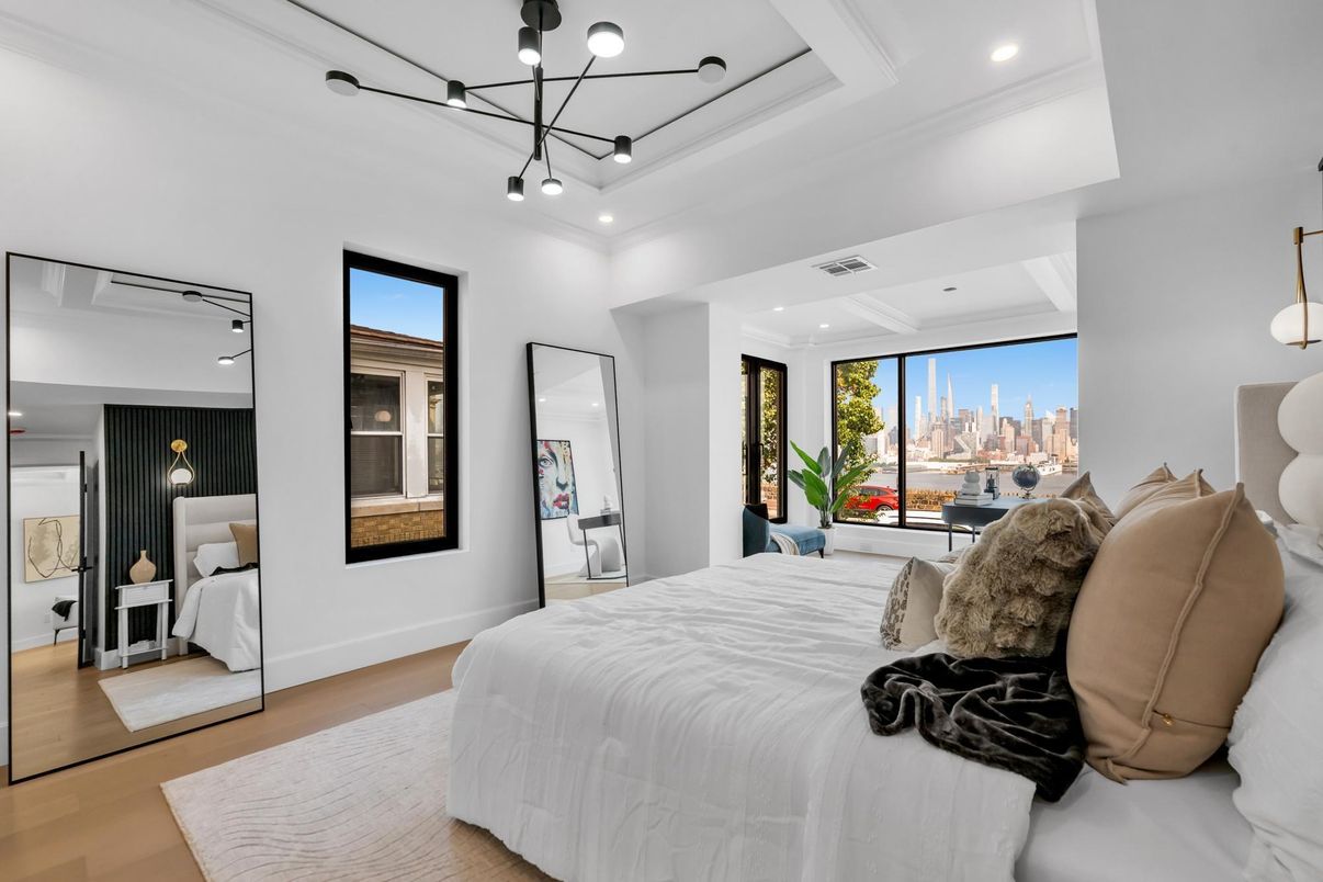 Bedroom, Interior, Pendant Lights, Recessed Lighting, Wood Texture Flooring