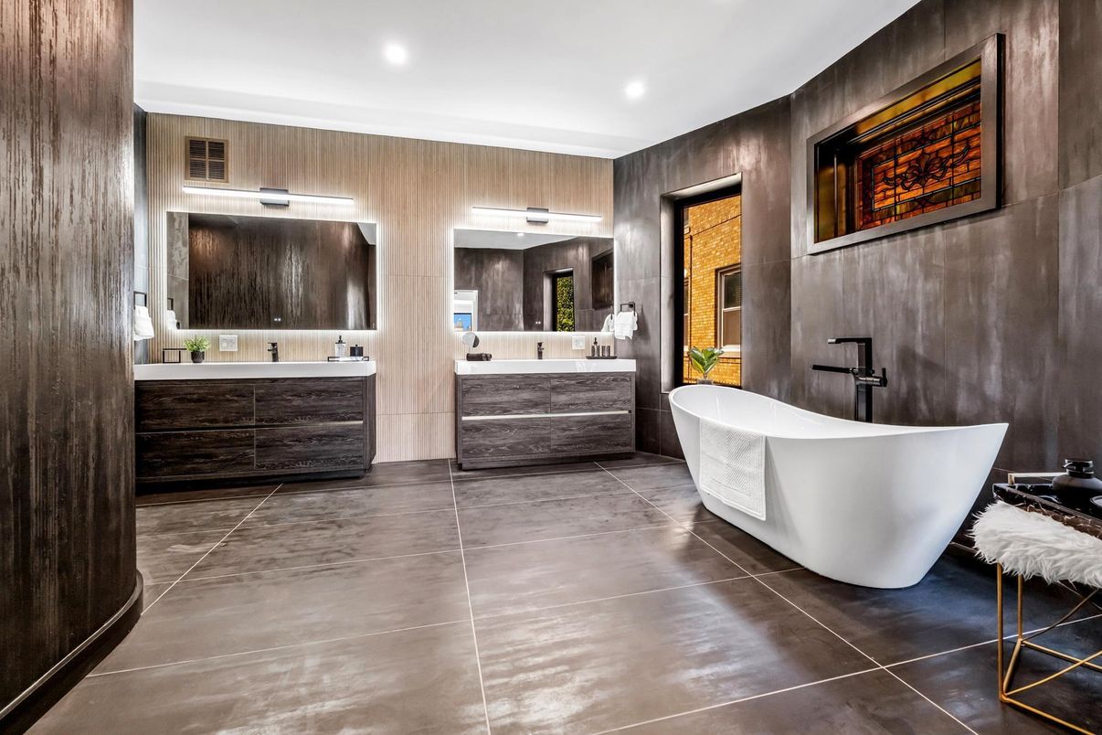 Bathroom, Dual Sink Vanities, Free Standing Baths, Interior, Recessed Lighting, Wooden Walls