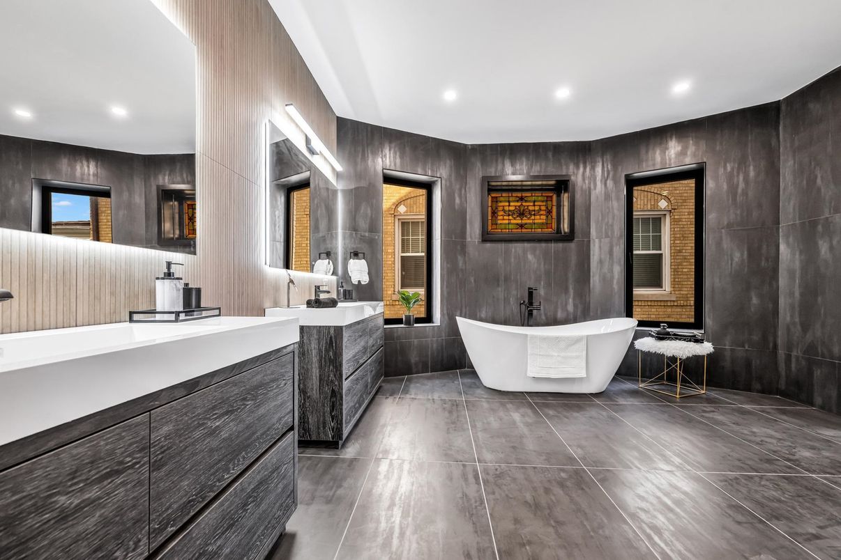 Bathroom, Dual Sink Vanities, Free Standing Baths, Interior, Recessed Lighting, Wooden Walls