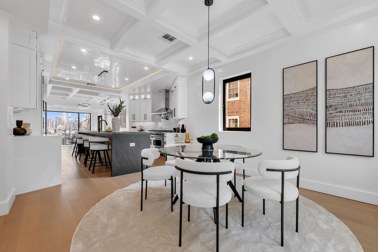 Dining room, Interior, Kitchen, Pendant Lights, Recessed Lighting, Stainless Steel Appliances, Wood Texture Flooring