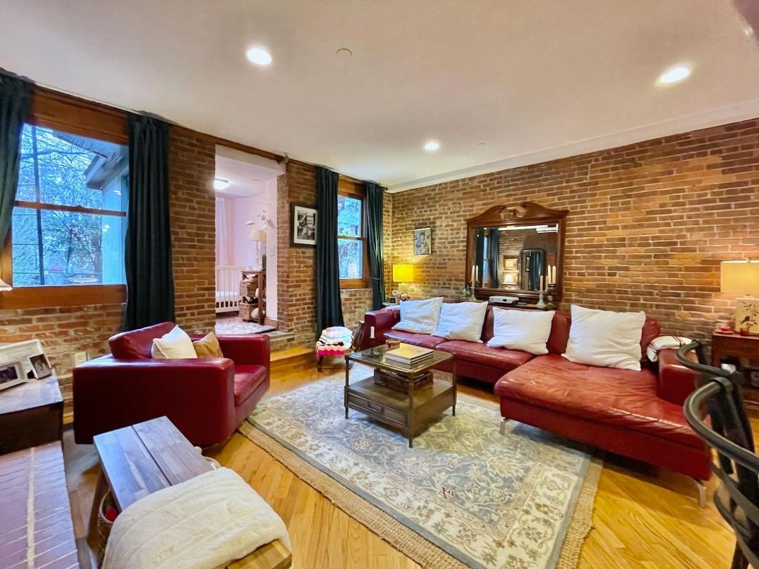 Interior, Living room, Recessed Lighting, Stone Walls, Wood Texture Flooring
