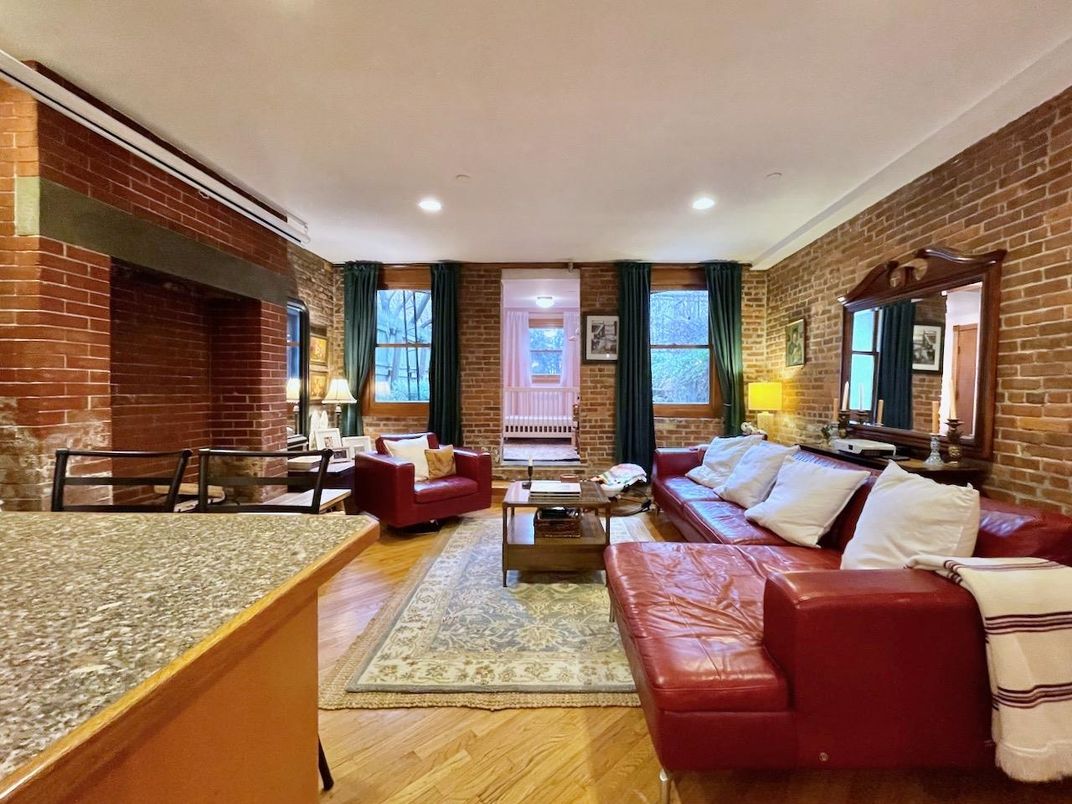 Interior, Living room, Recessed Lighting, Stone Walls, Wood Texture Flooring