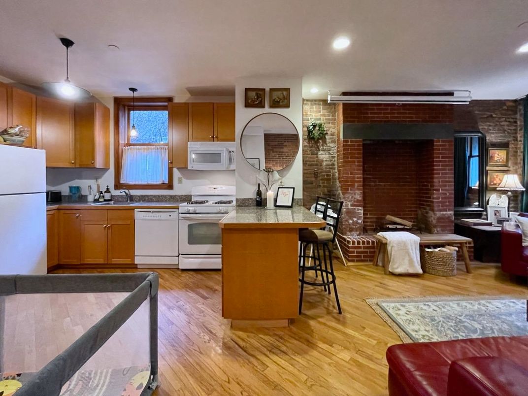 Fireplace, Interior, Kitchen, Pendant Lights, Recessed Lighting, Stone Walls, Wood Texture Flooring