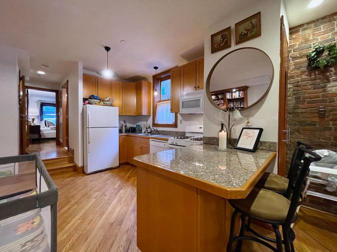 Interior, Kitchen, Pendant Lights, Recessed Lighting, Stone Walls, Wood Texture Flooring