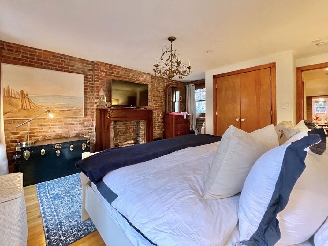 Bedroom, Chandelier, Fireplace, Interior, Stone Walls