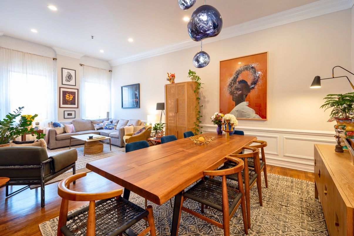 Dining room, Interior, Living room, Pendant Lights, Recessed Lighting, Wood Texture Flooring