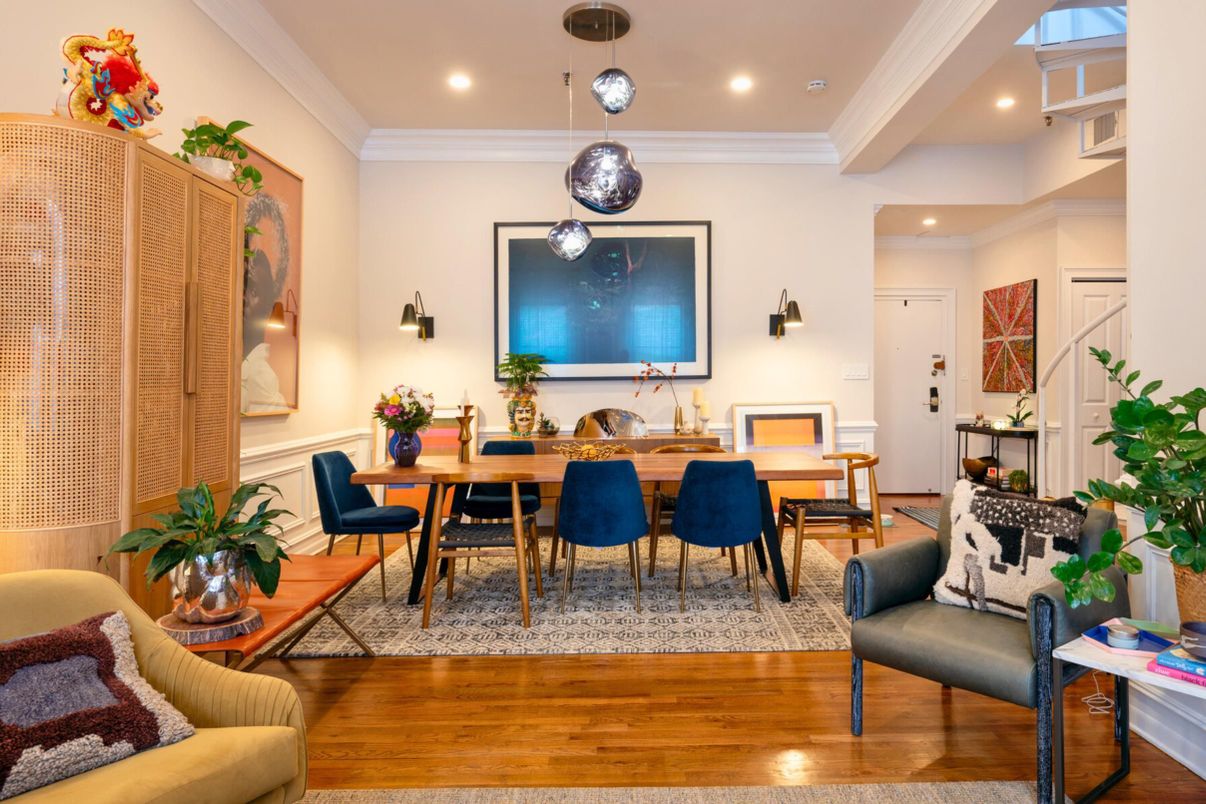 Dining room, Interior, Pendant Lights, Recessed Lighting, Wood Texture Flooring