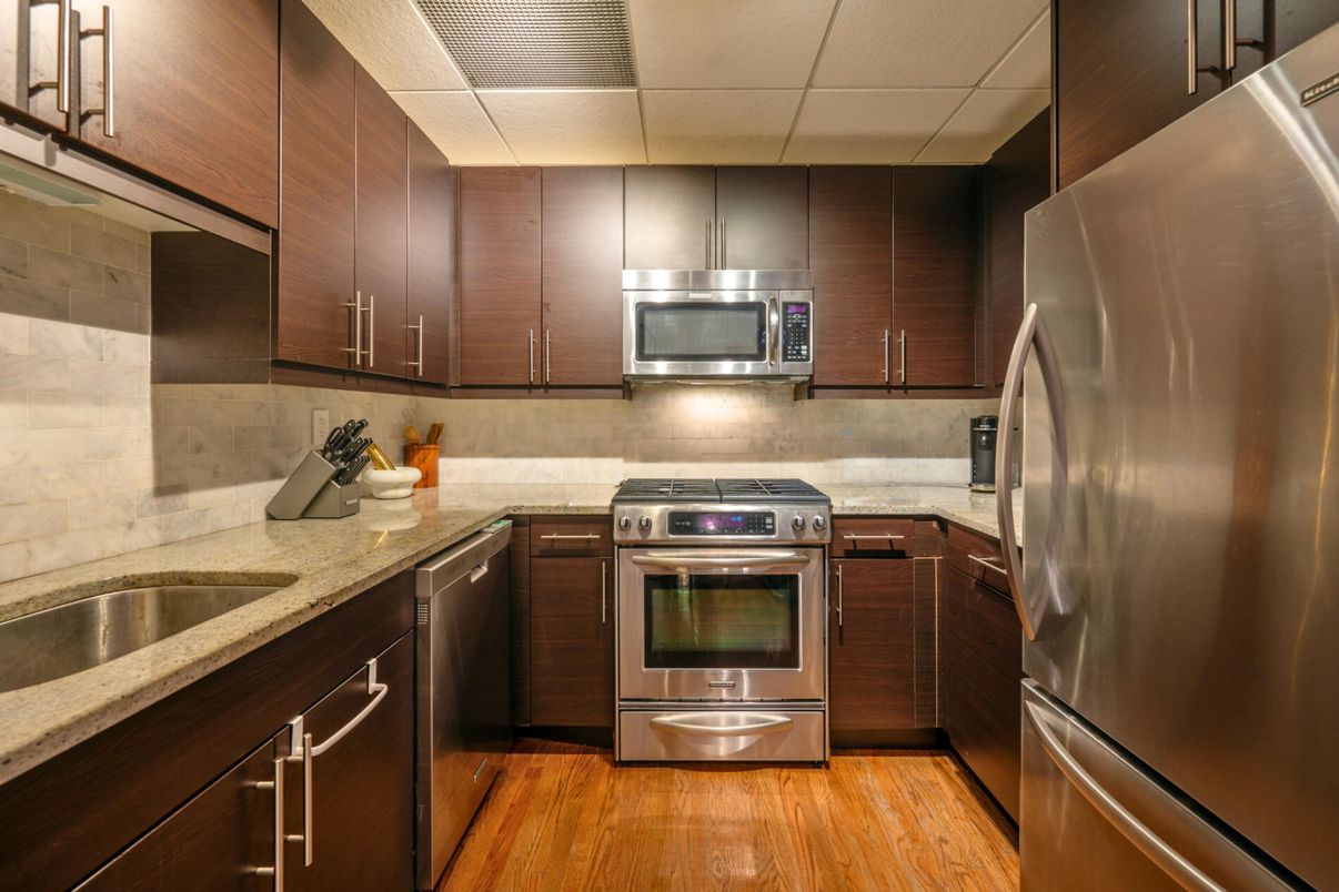 Interior, Kitchen, Stainless Steel Appliances, Wood Texture Flooring