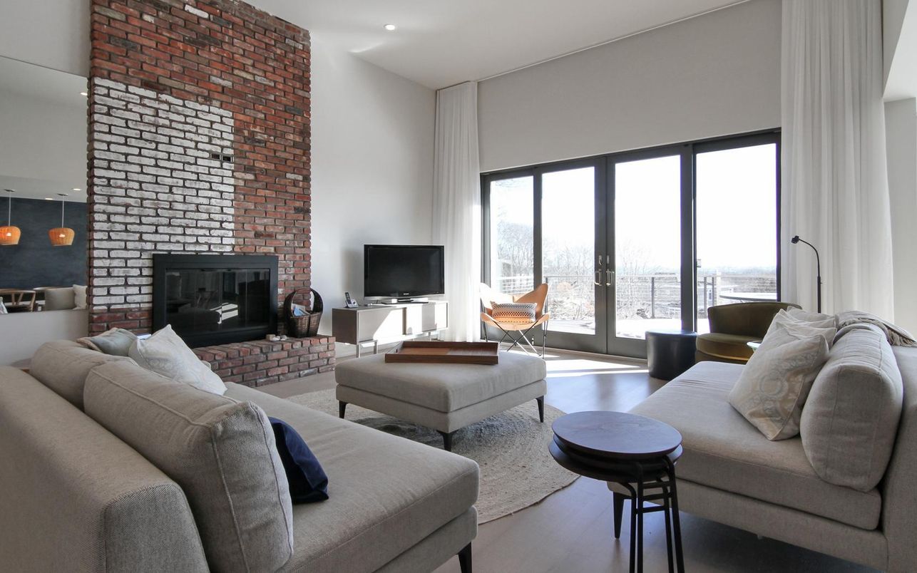 Fireplace, Interior, Living room, Recessed Lighting, Stone Walls