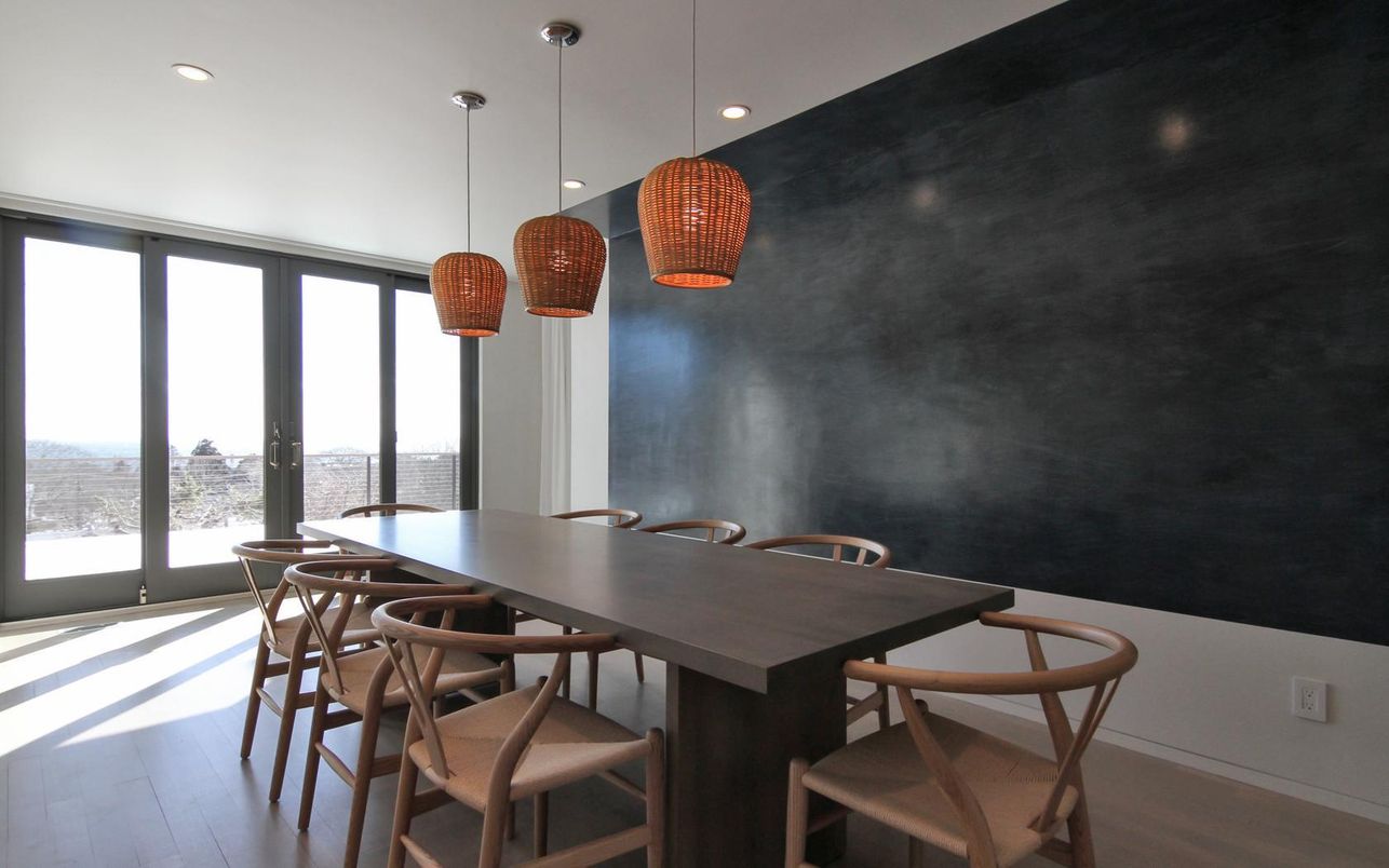 Dining room, Interior, Pendant Lights, Recessed Lighting, Wood Texture Flooring
