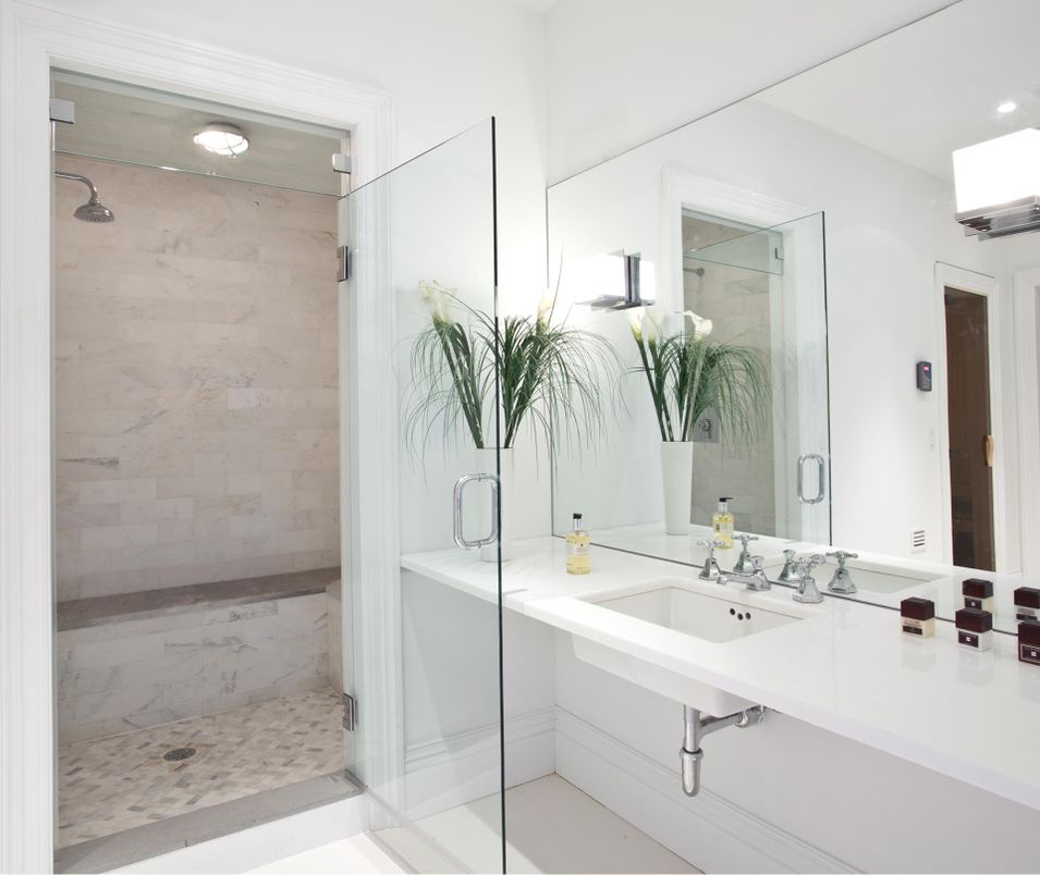 Bathroom, Glass Shower, Interior, Marble Walls, Recessed Lighting