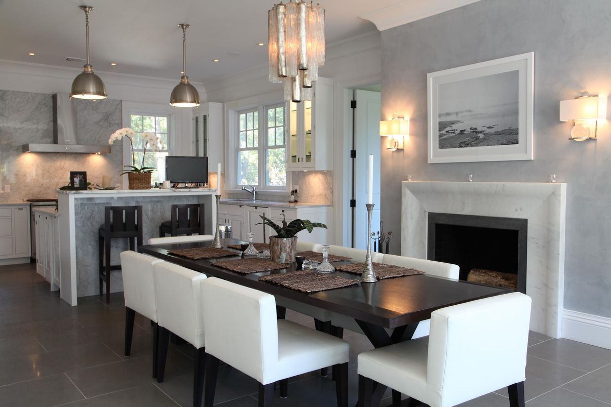 Dining room, Fireplace, Interior, Kitchen, Pendant Lights, Recessed Lighting