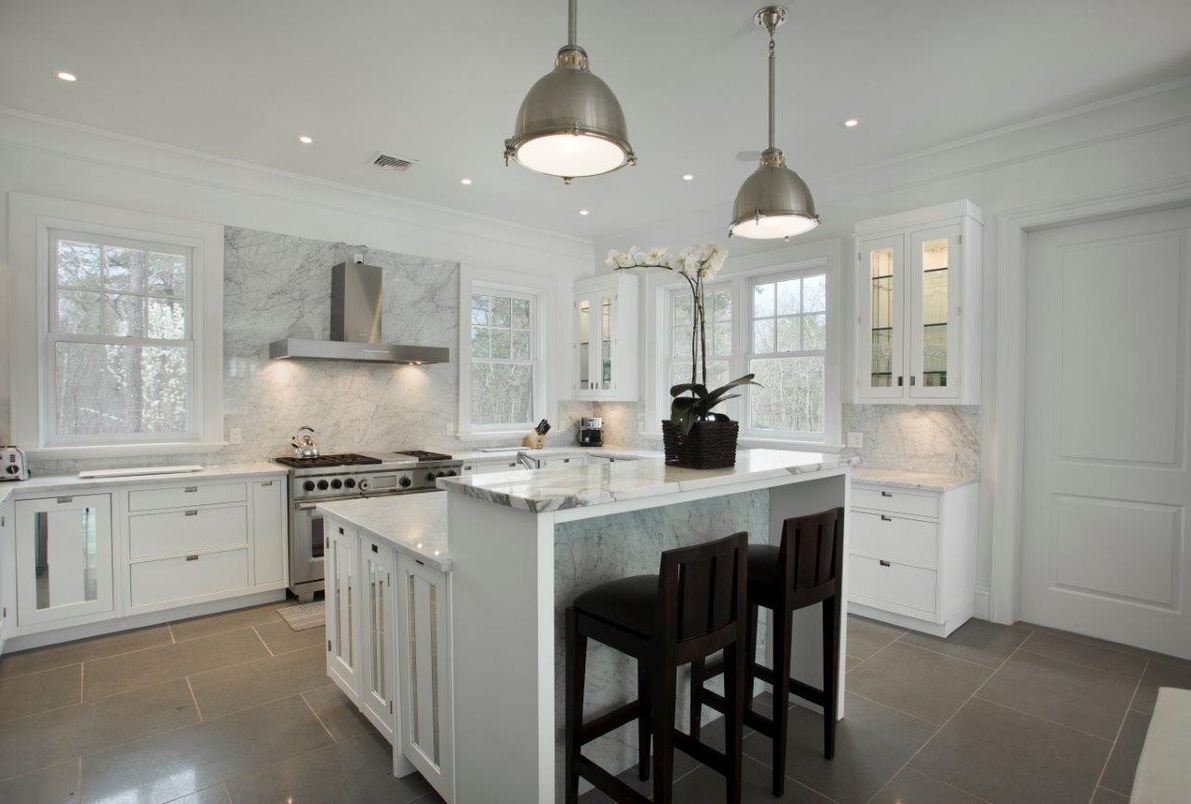 Interior, Kitchen, Marble Walls, Pendant Lights, Recessed Lighting, Stainless Steel Appliances