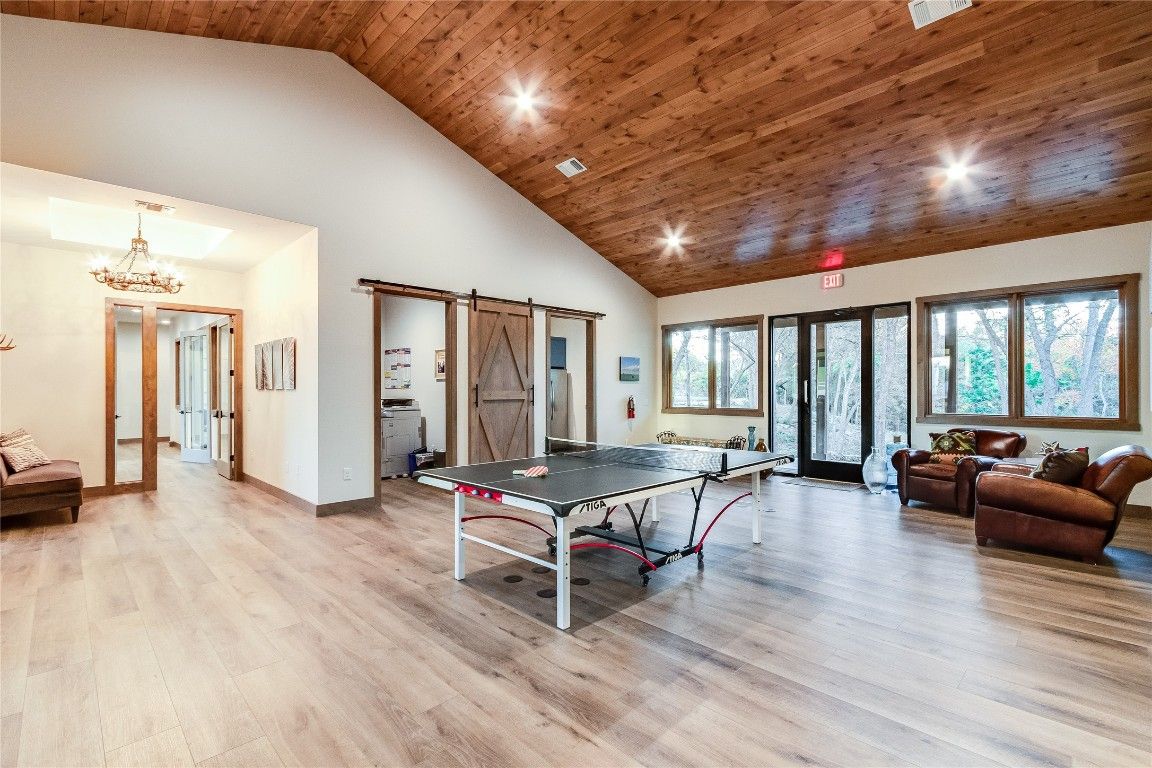 Chandelier, Game Room, Interior, Recessed Lighting, Wooden Ceilings, Wood Texture Flooring