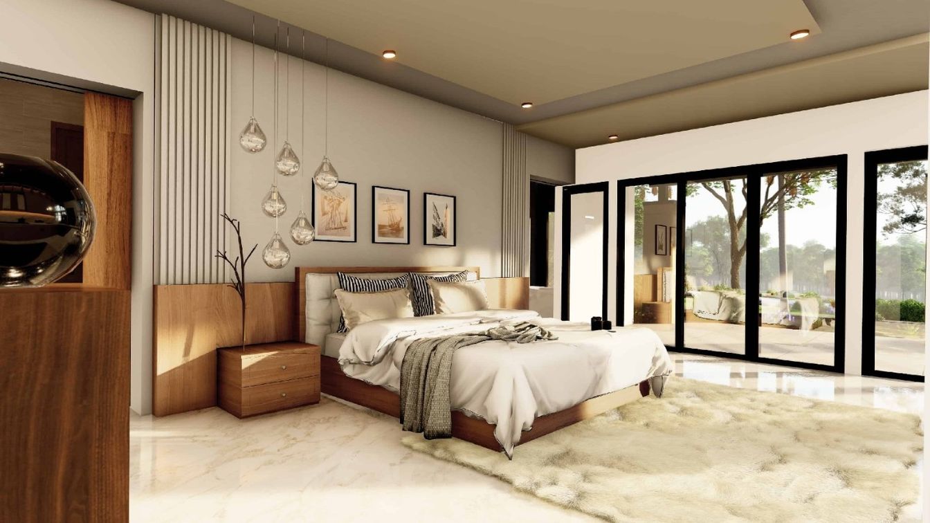 Bedroom, Interior, Marble, Pendant Lights, Recessed Lighting