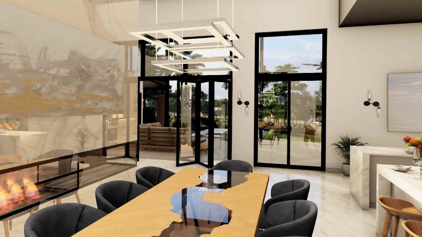 Dining room, Interior, Marble, Pendant Lights