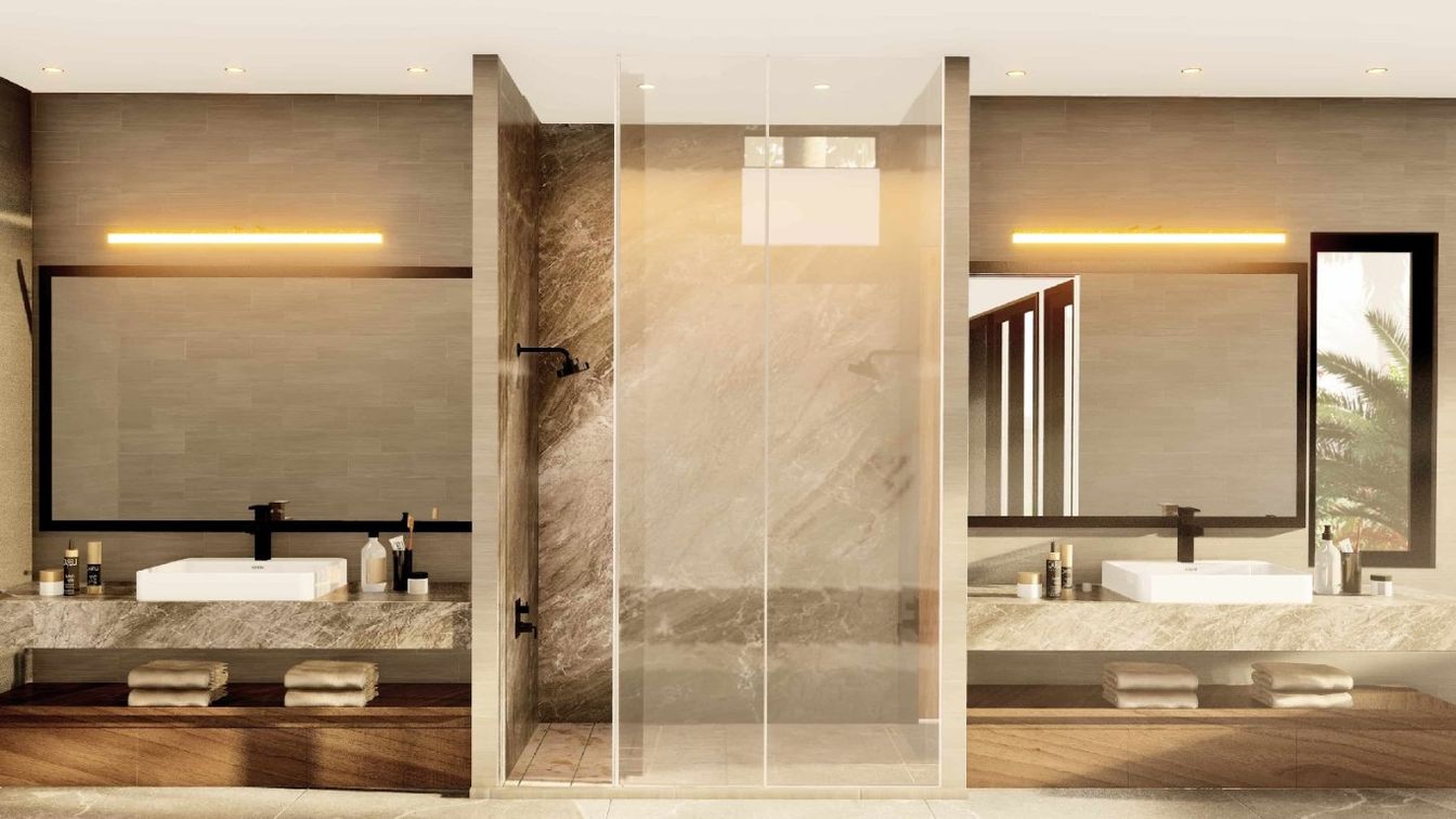 Bathroom, Dual Sink Vanities, Glass Shower, Interior, Recessed Lighting