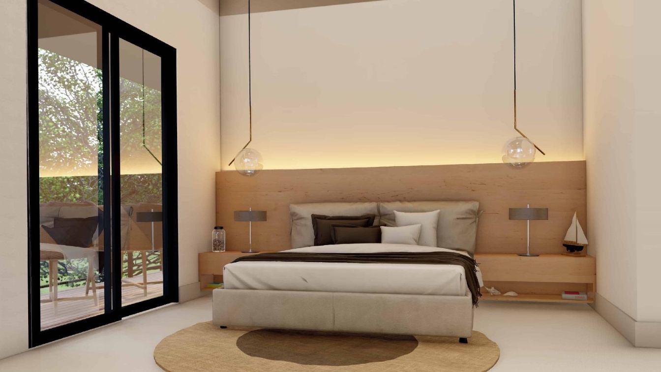 Bedroom, Interior, Pendant Lights, Wooden Walls