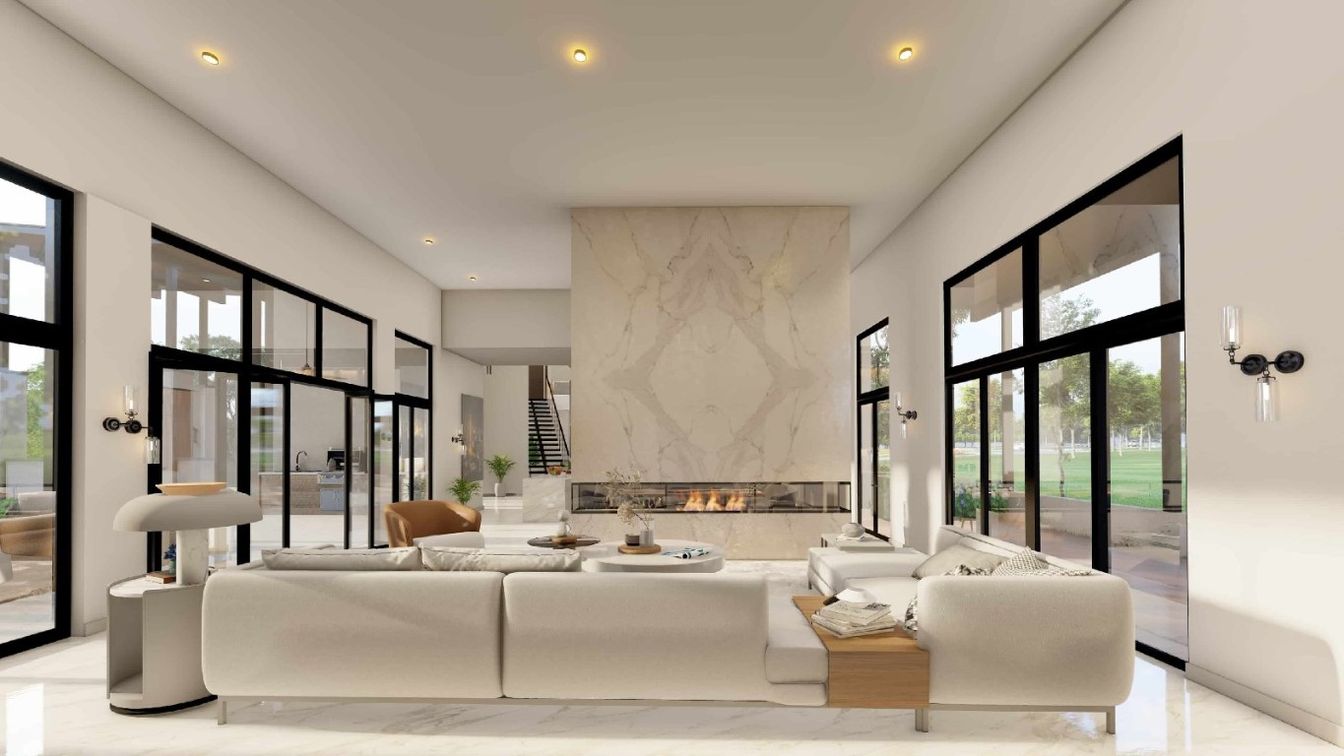 Fireplace, Interior, Living room, Marble Walls, Recessed Lighting