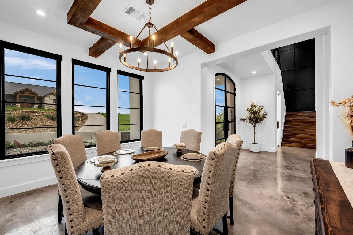 Dining room, Interior, Pendant Lights, Recessed Lighting, Wooden Beams