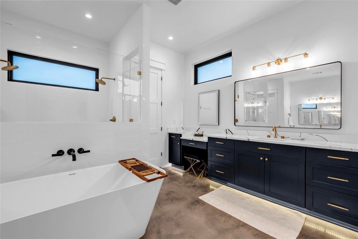 Bathroom, Dual Sink Vanities, Free Standing Baths, Interior, Recessed Lighting